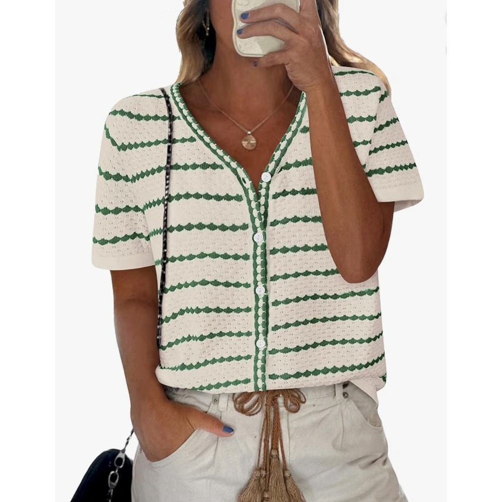 NALANISA Womens Short Sleeve Sweater V Neck Striped Crochet Knit Cardigan M